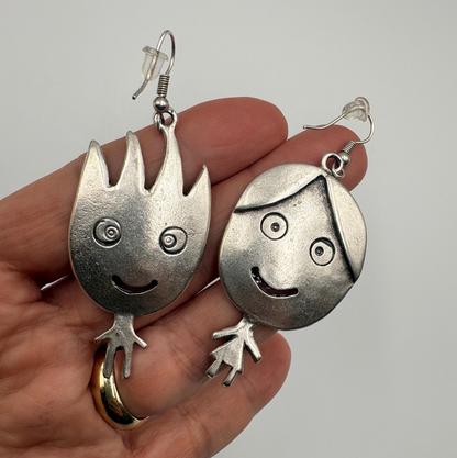 Vintage Silver Tone Smiling Boy and Girl Earrings | Whimsical Dangle Jewelry