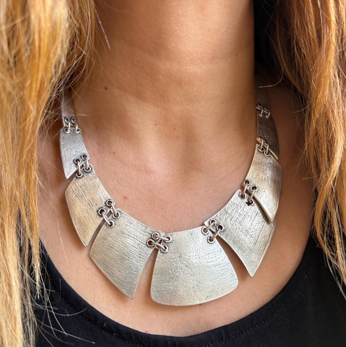 Boho Bib Necklace - Antique Silver Tone, Tribal Statement Jewelry