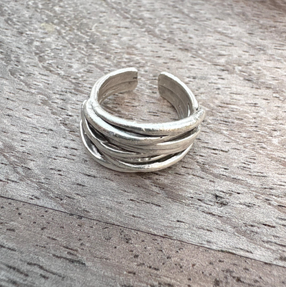 Rustic Silver Finish Brass Wrap Ring – Adjustable Organic Band
