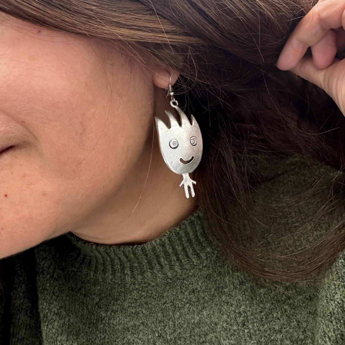 Vintage Silver Tone Smiling Boy and Girl Earrings | Whimsical Dangle Jewelry