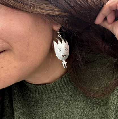 Vintage Silver Tone Smiling Boy and Girl Earrings | Whimsical Dangle Jewelry