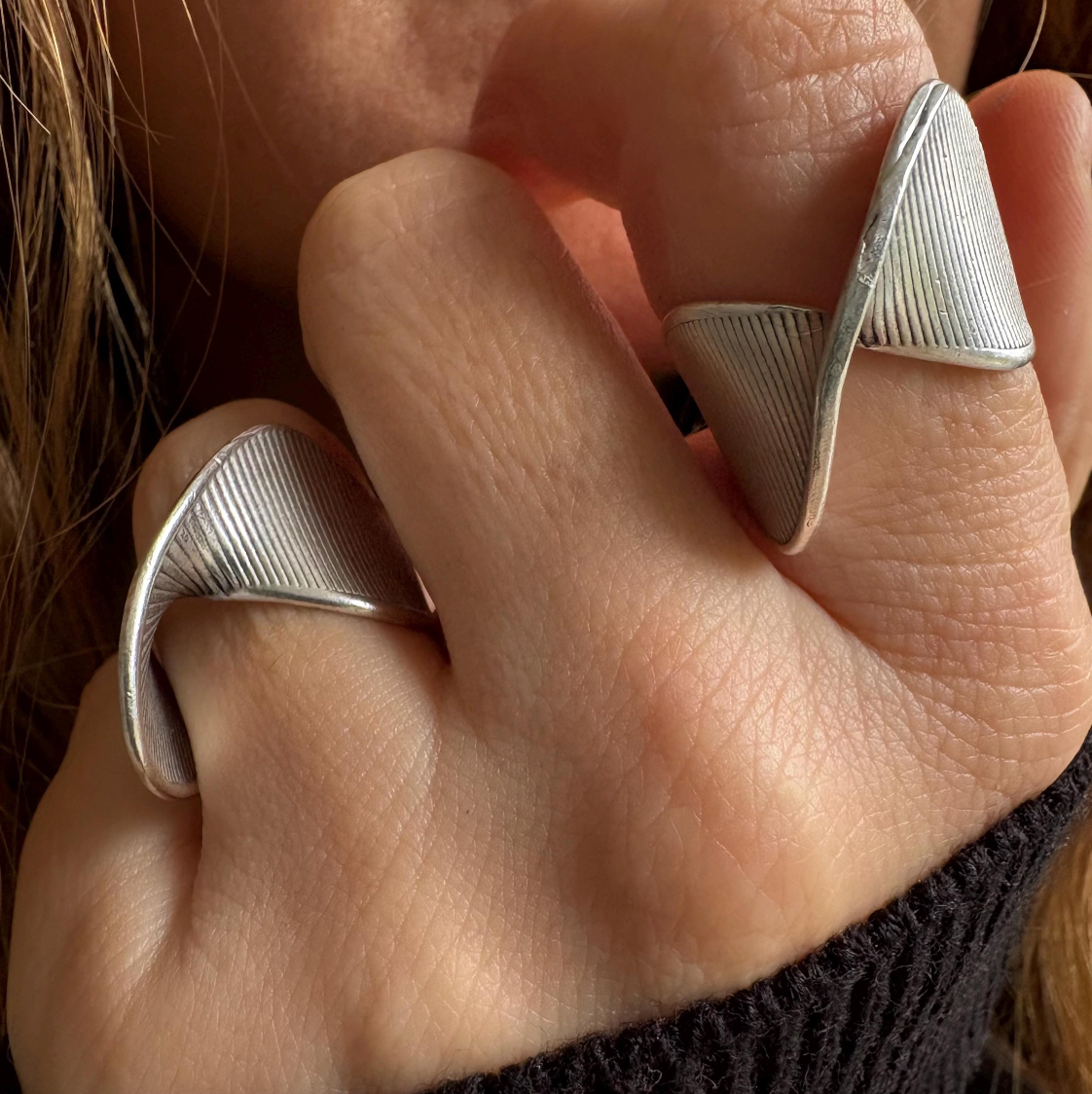 Silver Plated Brass Crossover Ring • Ribbed Geometric Adjustable Band