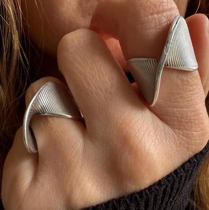 Silver Plated Brass Crossover Ring • Ribbed Geometric Adjustable Band