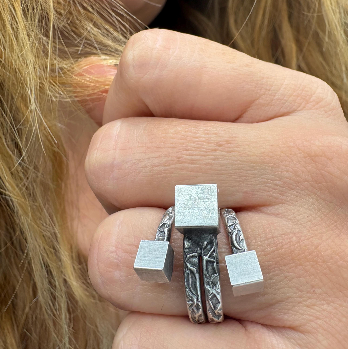 Brutalist Silver Plated Modernist Ring • Adjustable Abstract Cube Ring • Geometric Statement Jewelry • Unique Gift for Her