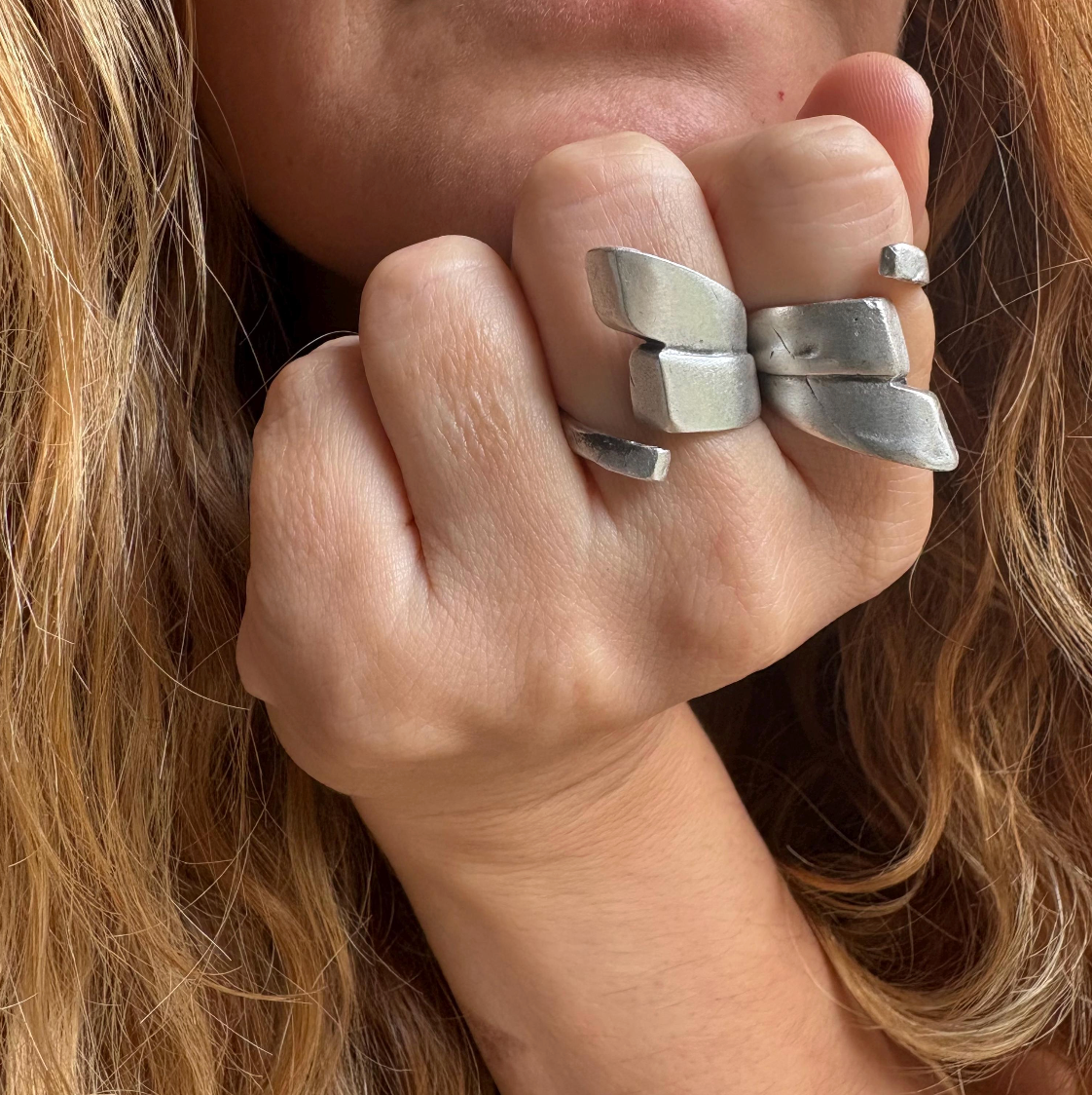 Adjustable Silver Plated Brass Ring, Bold Geometric Jewelry
