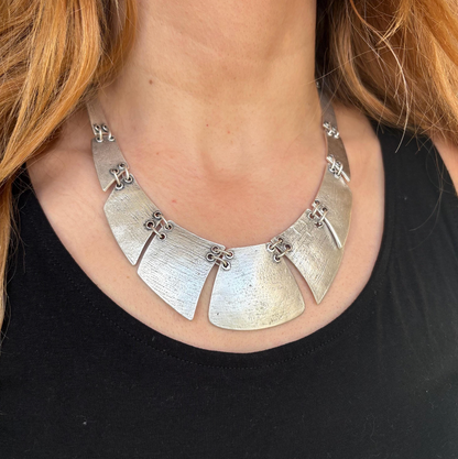 Boho Bib Necklace - Antique Silver Tone, Tribal Statement Jewelry