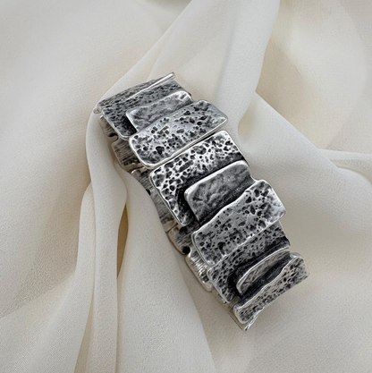 Hammered Silver Plated Stretch Bracelet, Chunky Rustic Link