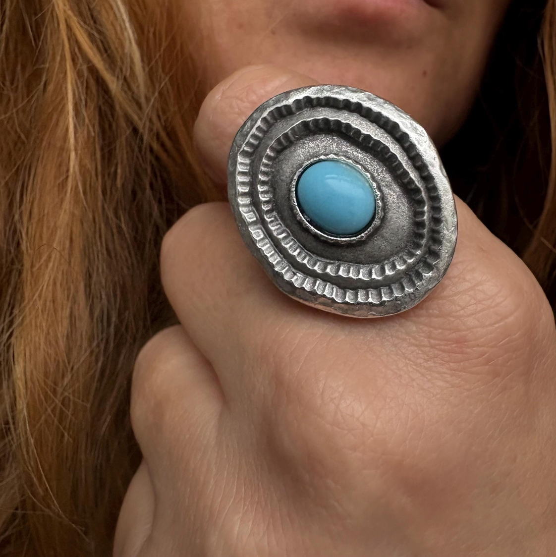 Turquoise Statement Ring, Silver Plated Brass, Adjustable Boho Jewelry