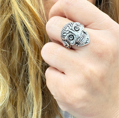 Gothic Mask Ring • Silver Plated Brass, Adjustable Boho Punk Band