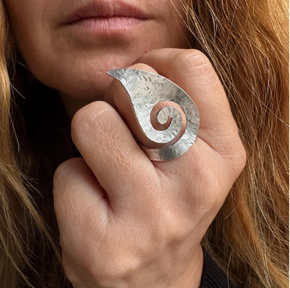 Hammered Silver Spiral Ring • Adjustable Artisan Statement Jewelry • Geometric Ring