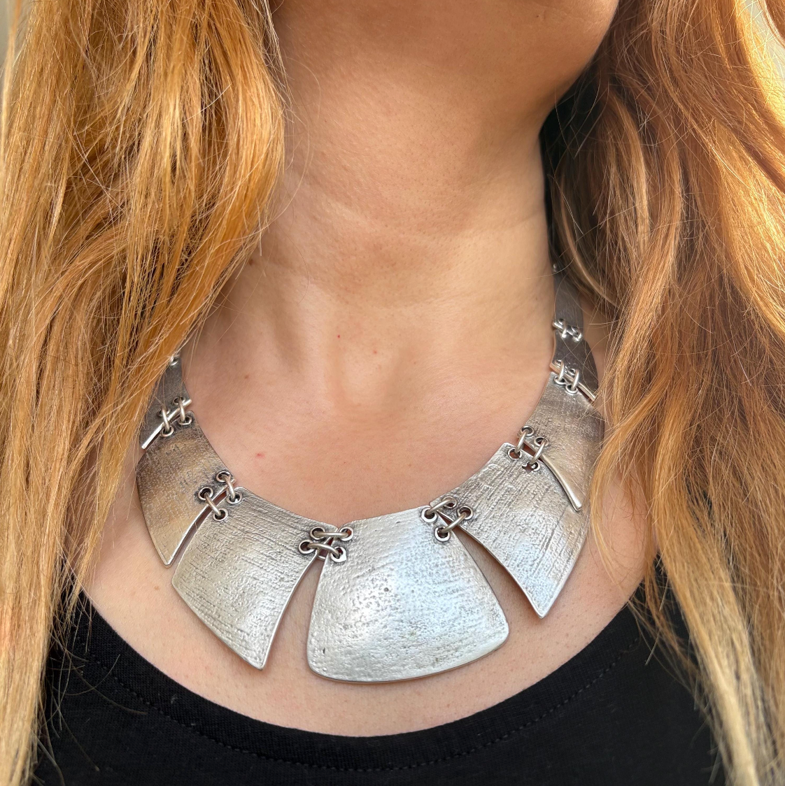 Boho Bib Necklace - Antique Silver Tone, Tribal Statement Jewelry