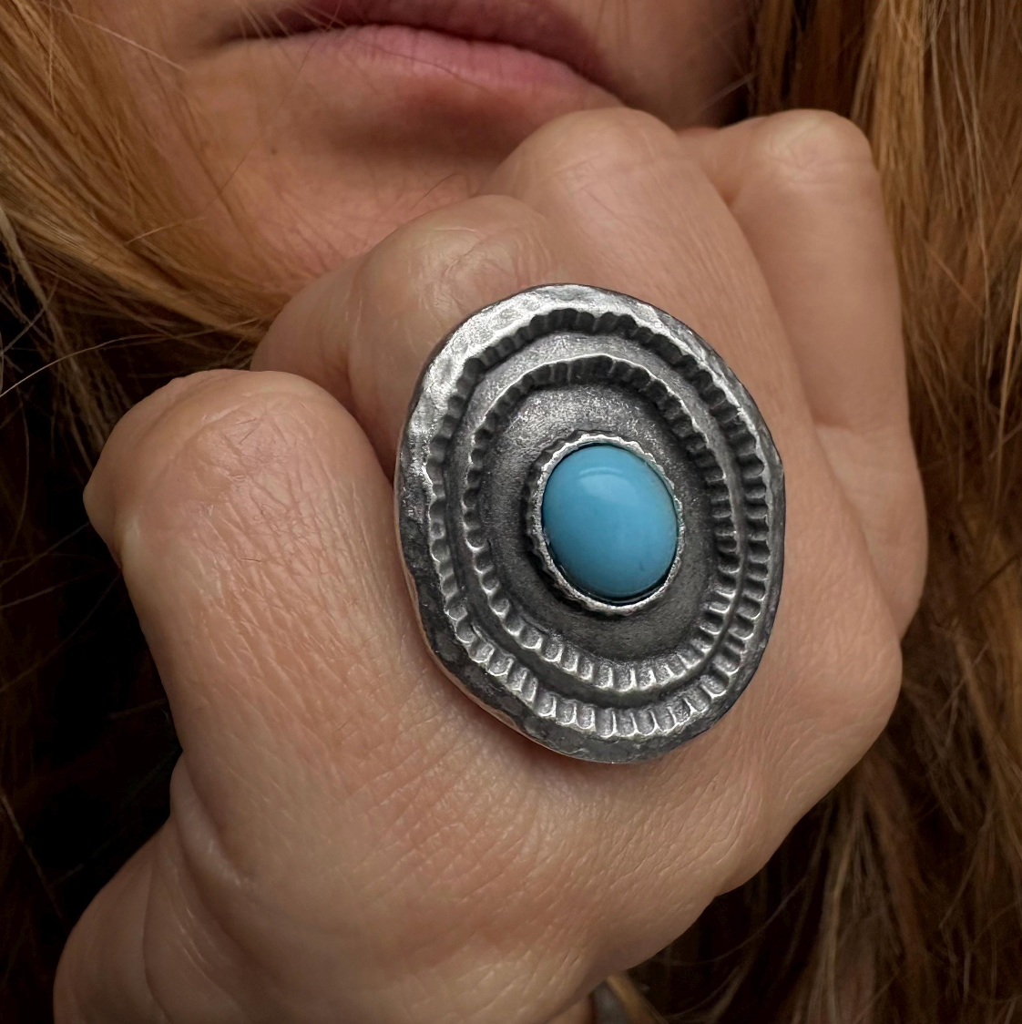 Turquoise Statement Ring, Silver Plated Brass, Adjustable Boho Jewelry
