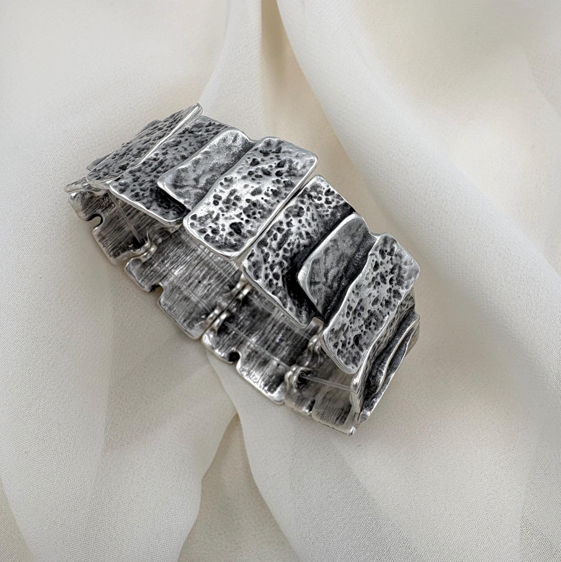 Hammered Silver Plated Stretch Bracelet, Chunky Rustic Link