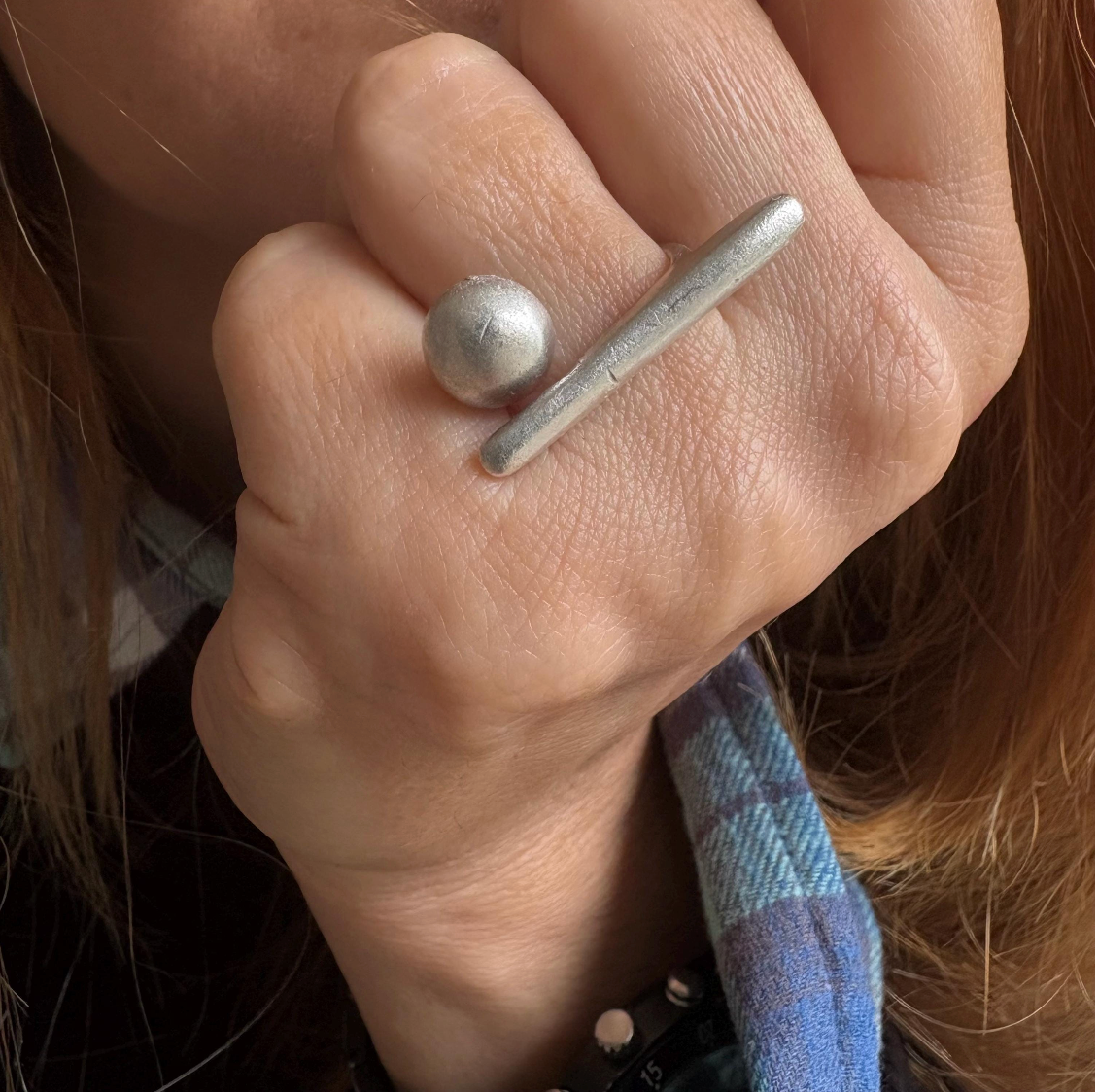 Handmade Brass Ring - Minimalist Geometric Bar and Sphere, Adjustable Size