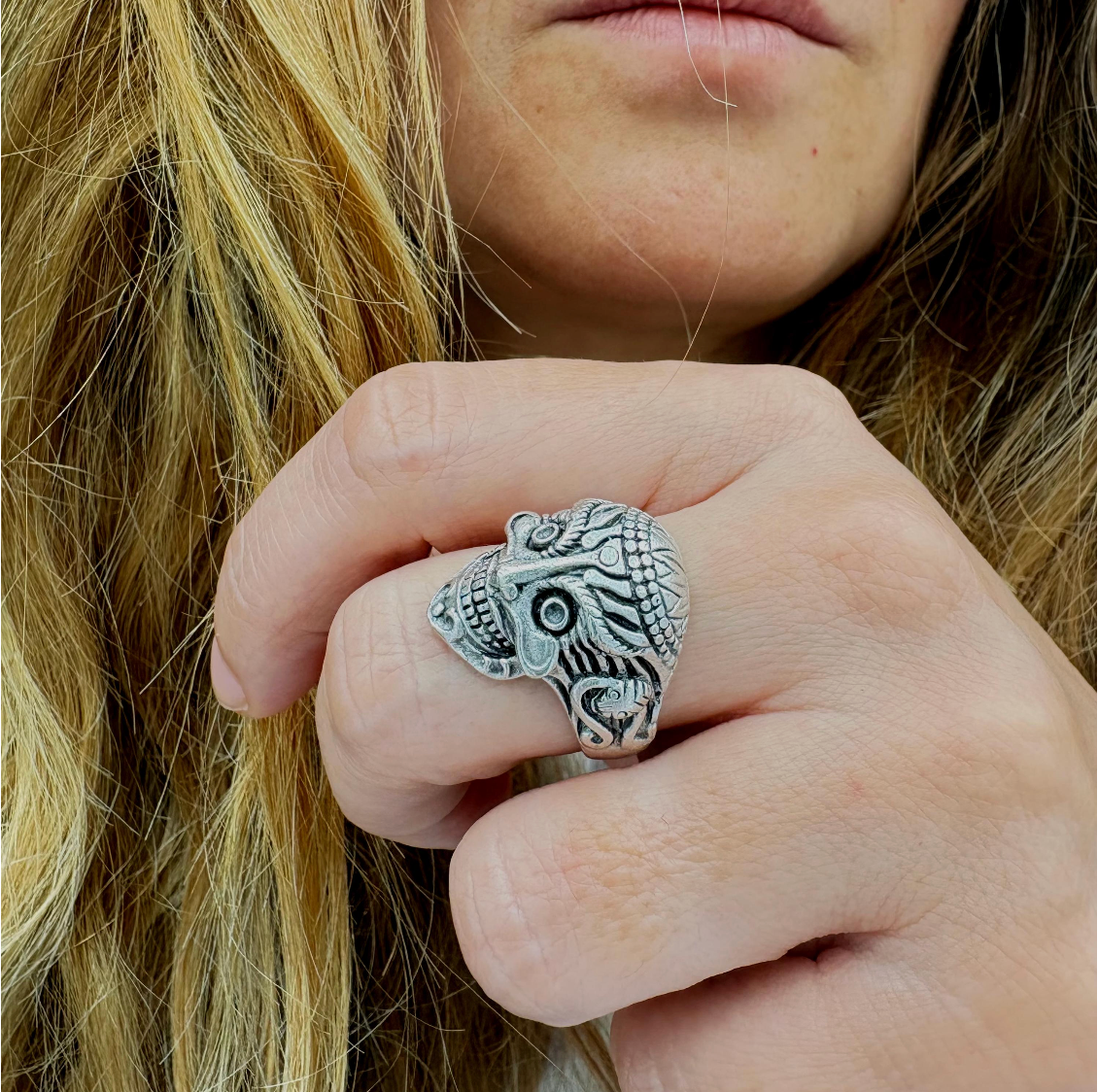 Gothic Mask Ring • Silver Plated Brass, Adjustable Boho Punk Band