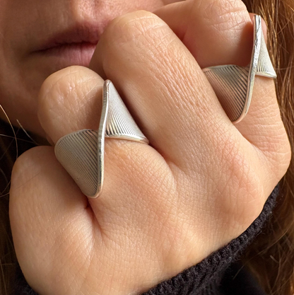 Silver Plated Brass Crossover Ring • Ribbed Geometric Adjustable Band