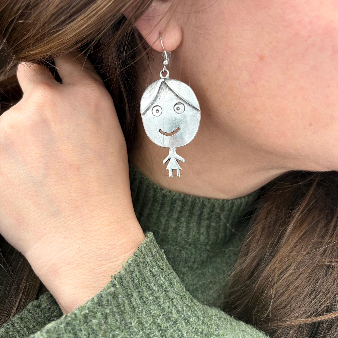 Vintage Silver Tone Smiling Boy and Girl Earrings | Whimsical Dangle Jewelry