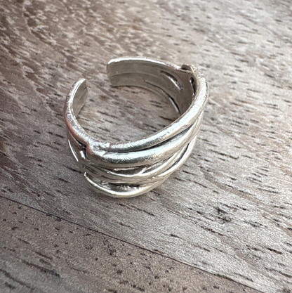 Rustic Silver Finish Brass Wrap Ring – Adjustable Organic Band