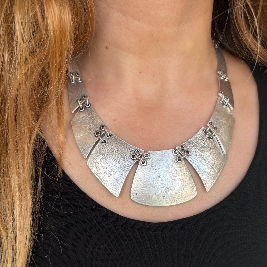 Boho Bib Necklace - Antique Silver Tone, Tribal Statement Jewelry