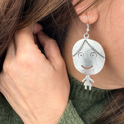 Vintage Silver Tone Smiling Boy and Girl Earrings | Whimsical Dangle Jewelry