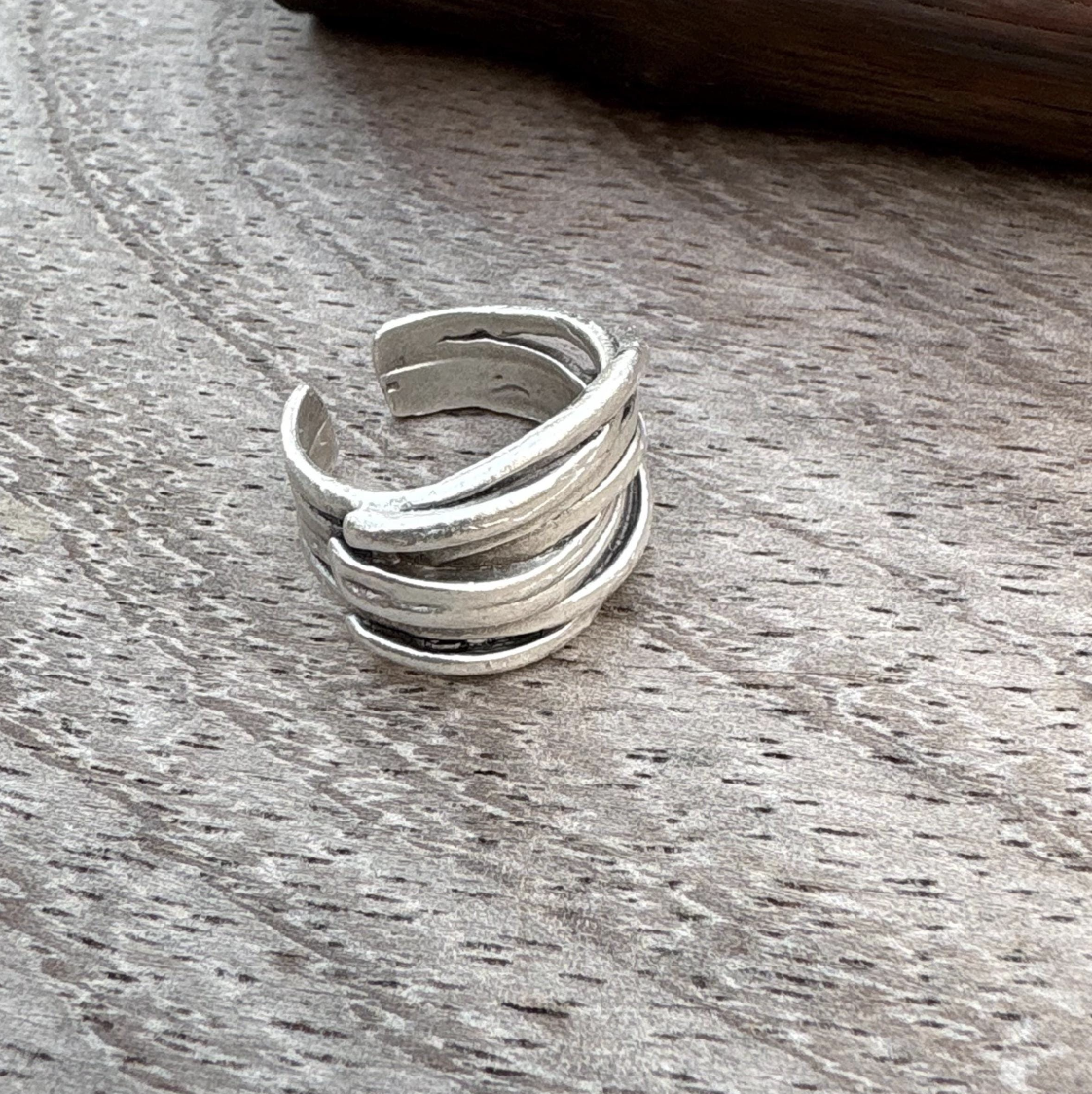 Rustic Silver Finish Brass Wrap Ring – Adjustable Organic Band