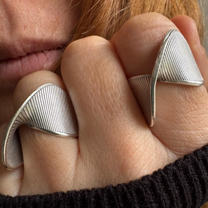 Silver Plated Brass Crossover Ring • Ribbed Geometric Adjustable Band