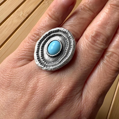 Turquoise Statement Ring, Silver Plated Brass, Adjustable Boho Jewelry