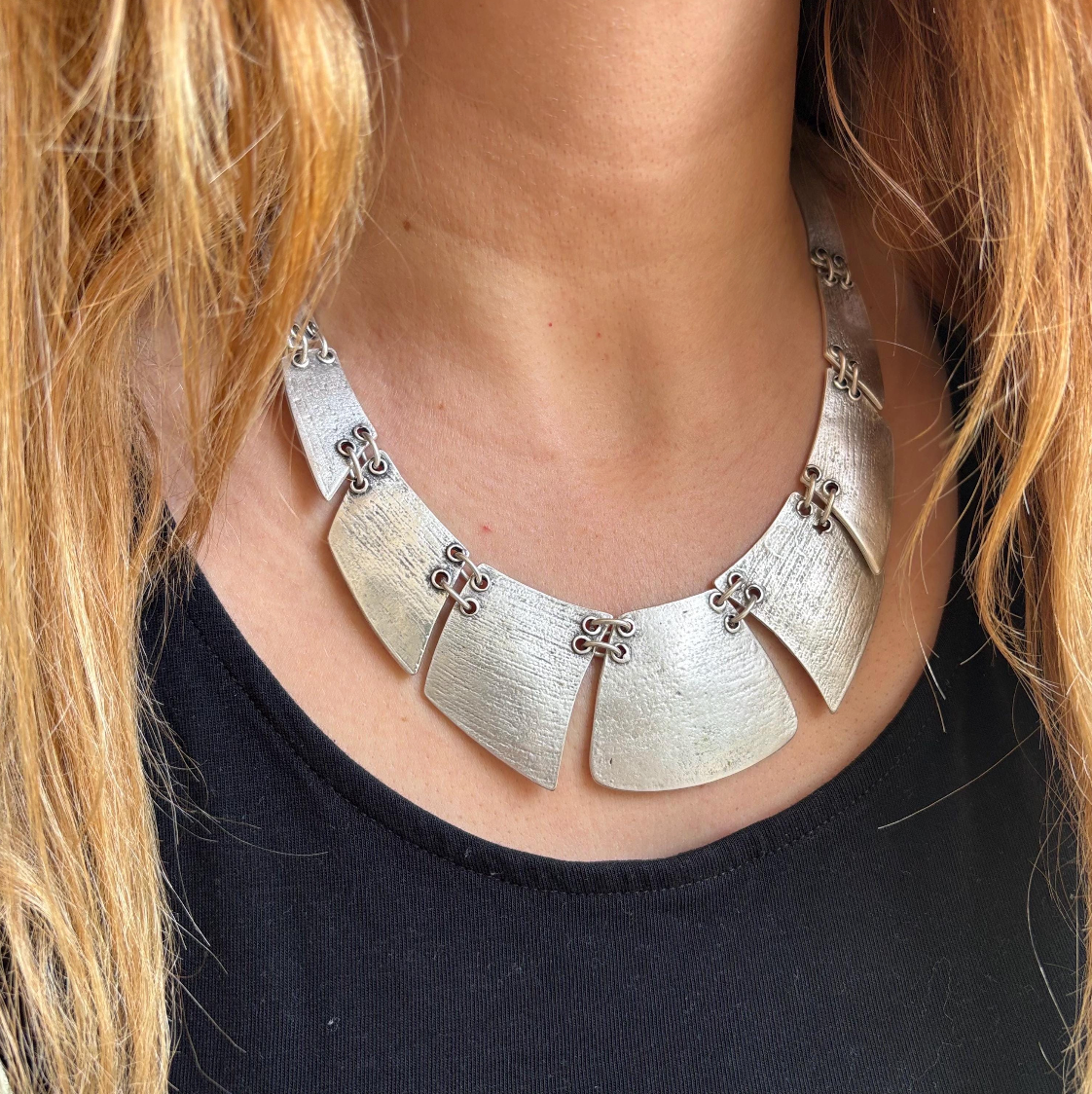 Boho Bib Necklace - Antique Silver Tone, Tribal Statement Jewelry