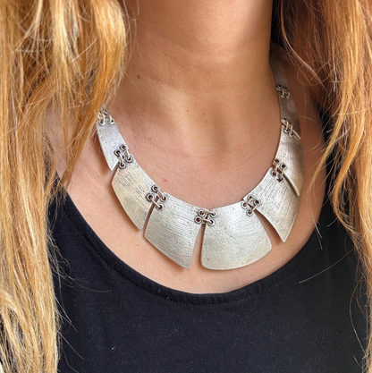 Boho Bib Necklace - Antique Silver Tone, Tribal Statement Jewelry
