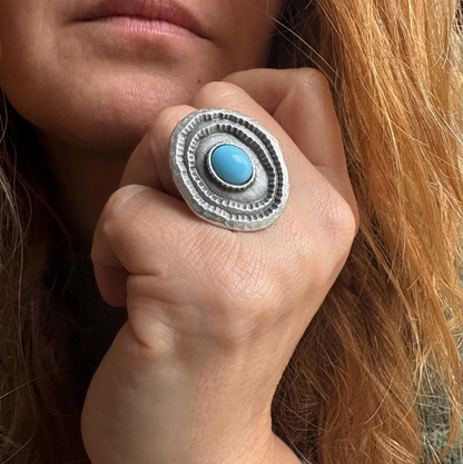 Turquoise Statement Ring, Silver Plated Brass, Adjustable Boho Jewelry