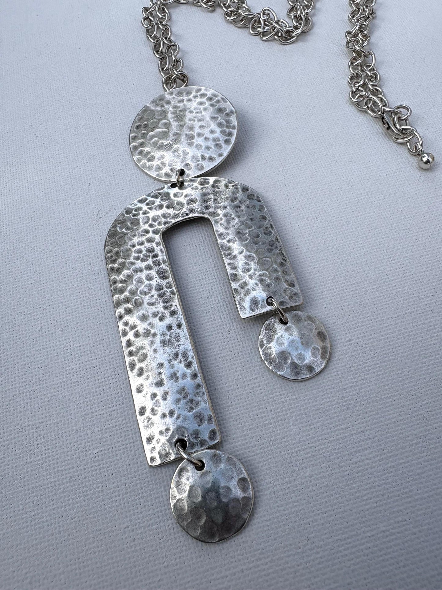 Hammered Silver Geometric Statement Vintage Necklace – Circle and Arch Pendant, Adjustable Chain