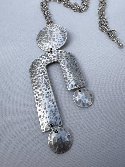 Hammered Silver Geometric Statement Vintage Necklace – Circle and Arch Pendant, Adjustable Chain