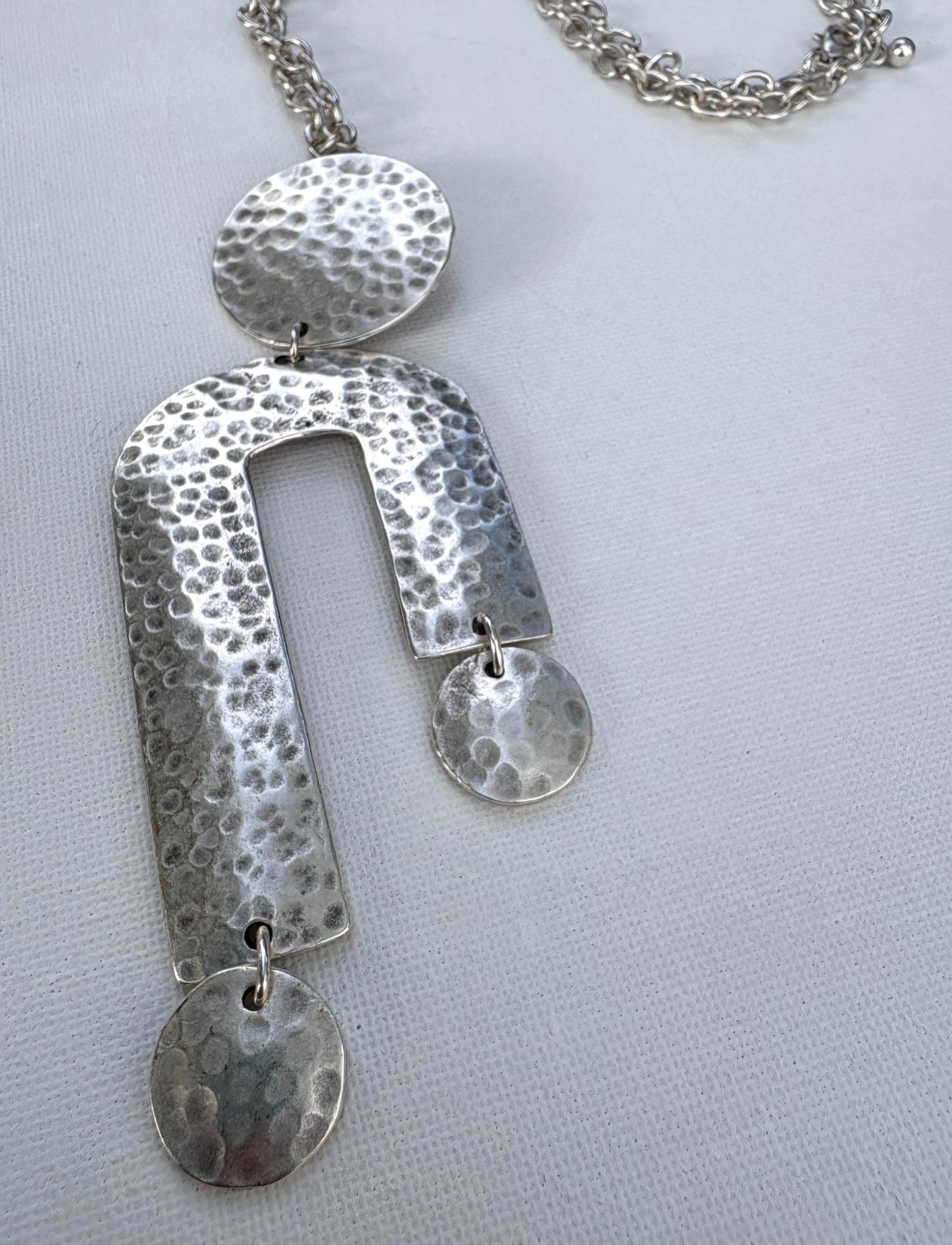 Hammered Silver Geometric Statement Vintage Necklace – Circle and Arch Pendant, Adjustable Chain