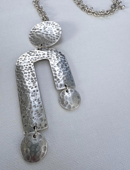 Hammered Silver Geometric Statement Vintage Necklace – Circle and Arch Pendant, Adjustable Chain
