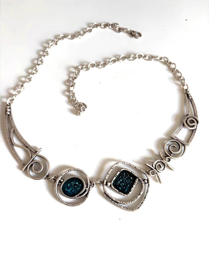 Teal Blue Enamel Necklace: Geometric Silver-Plated Brass Pendant