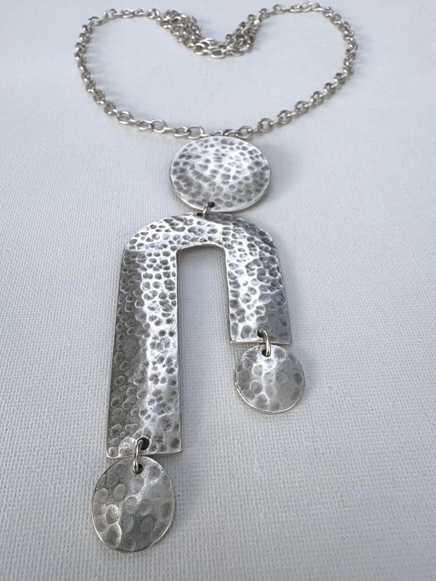 Hammered Silver Geometric Statement Vintage Necklace – Circle and Arch Pendant, Adjustable Chain