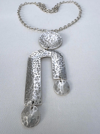 Hammered Silver Geometric Statement Vintage Necklace – Circle and Arch Pendant, Adjustable Chain