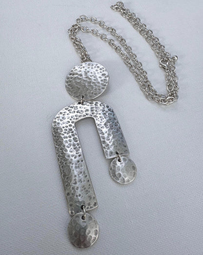 Hammered Silver Geometric Statement Vintage Necklace – Circle and Arch Pendant, Adjustable Chain