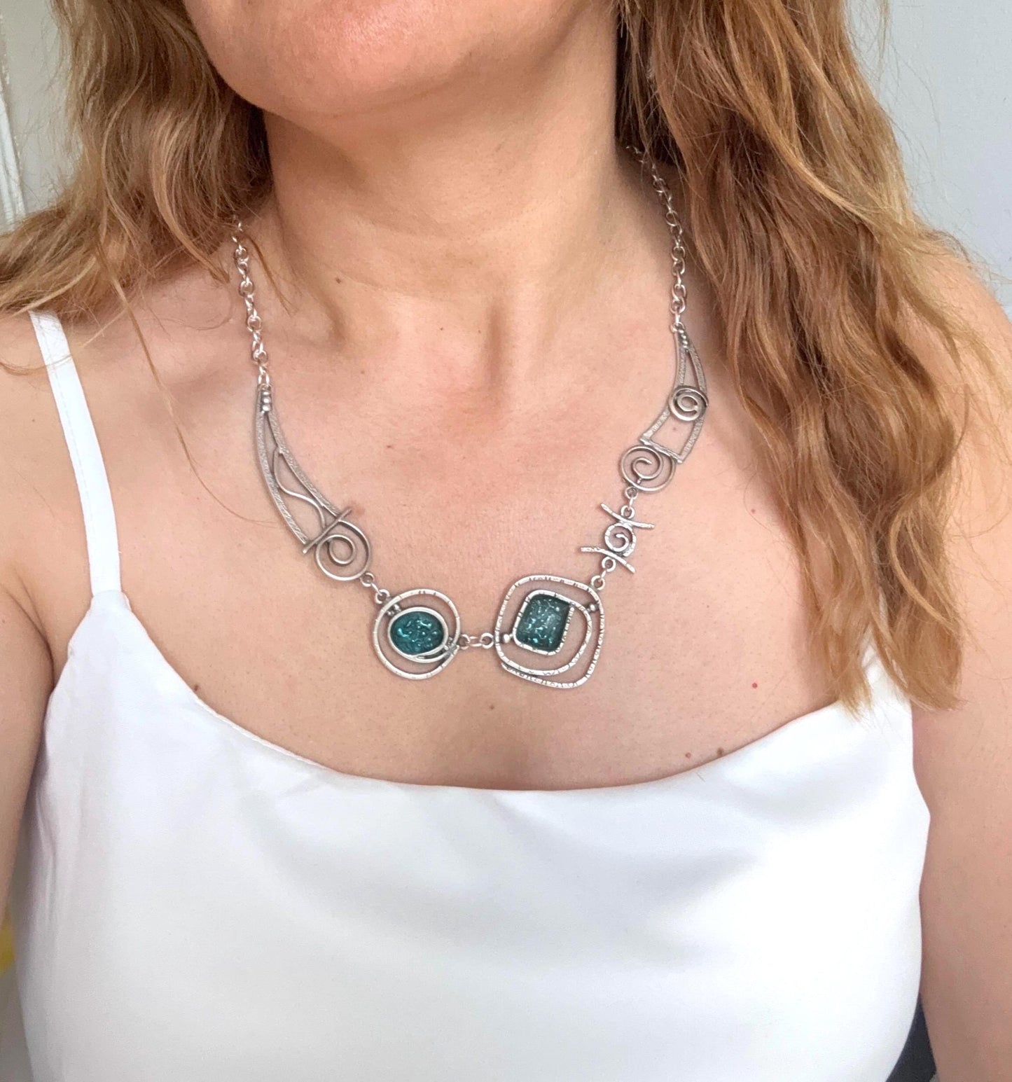 Teal Blue Enamel Necklace: Geometric Silver-Plated Brass Pendant