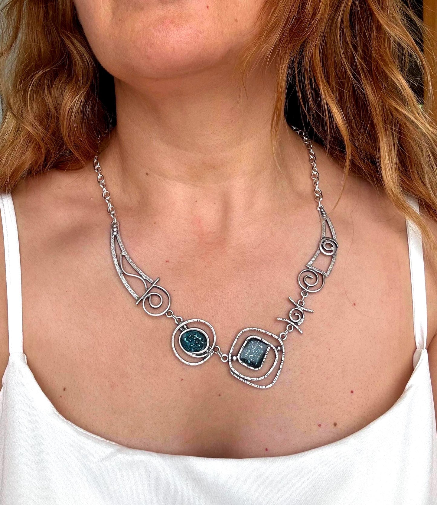 Teal Blue Enamel Necklace: Geometric Silver-Plated Brass Pendant