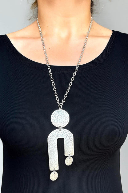 Hammered Silver Geometric Statement Vintage Necklace – Circle and Arch Pendant, Adjustable Chain