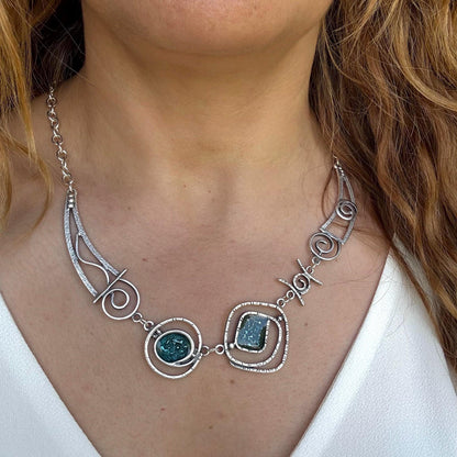 Teal Blue Enamel Necklace: Geometric Silver-Plated Brass Pendant