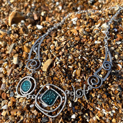 Teal Blue Enamel Necklace: Geometric Silver-Plated Brass Pendant