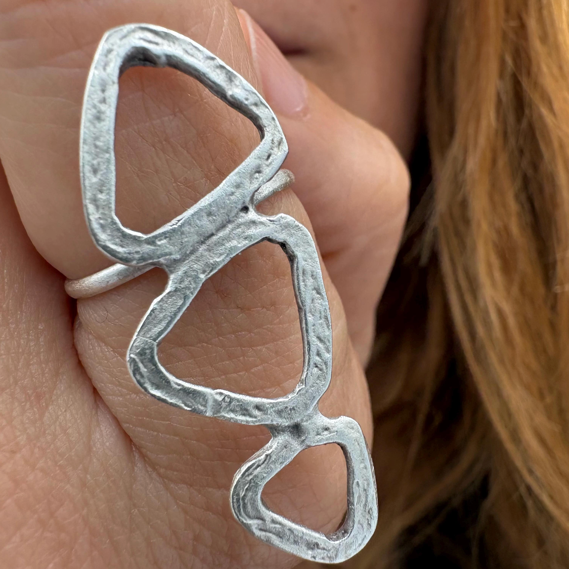 Abstract Geometric Brass Ring – Adjustable Open Band Ring, Lightweight, Nickel-Free Jewelry