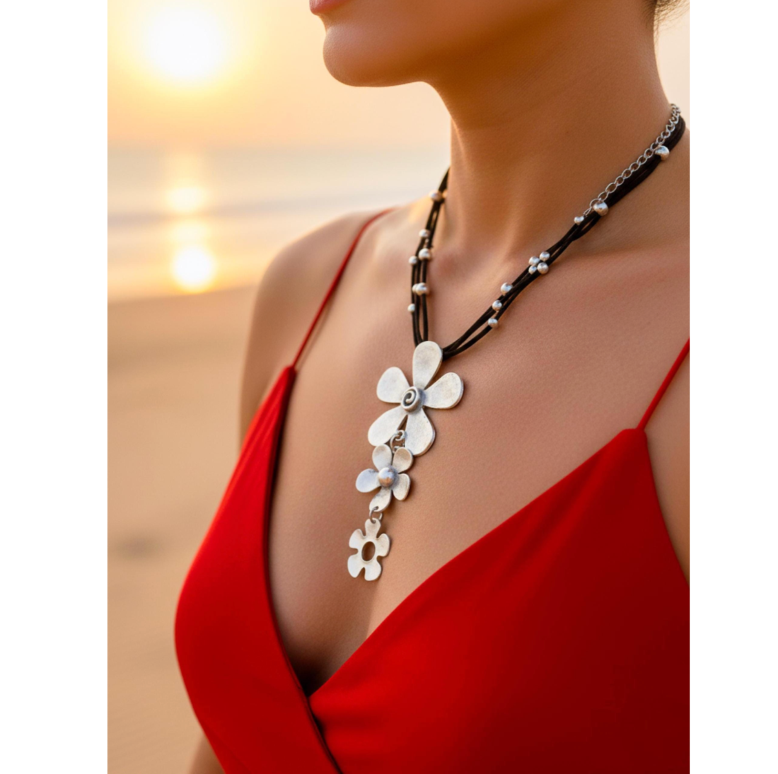 Brutalist Boho Flower Pendant Necklace, Antique Silver, Adjustable Cord