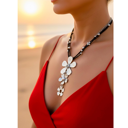 Brutalist Boho Flower Pendant Necklace, Antique Silver, Adjustable Cord