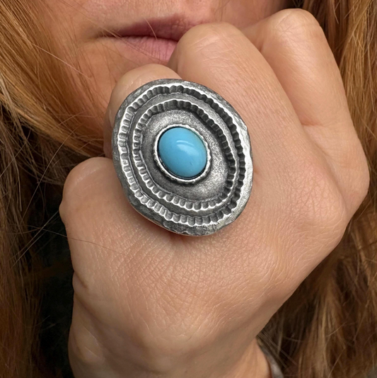 Turquoise Statement Ring, Silver Plated Brass, Adjustable Boho Jewelry