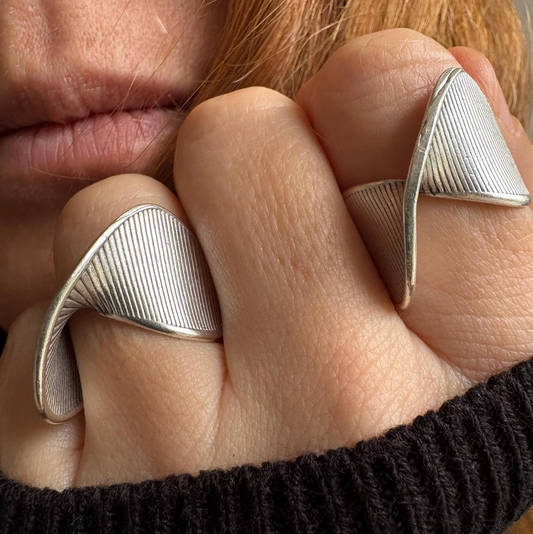 Silver Plated Brass Crossover Ring • Ribbed Geometric Adjustable Band