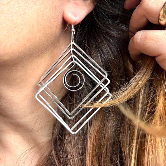 Brutalist Silver Plated Earrings, Geometric Dangle, Architectural Jewelry