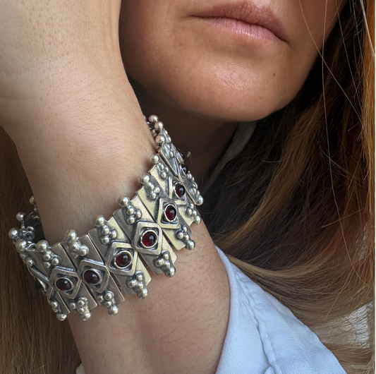 Bohemian Garnet Panel Bracelet, Silver Plated Brutalist Cuff, Gift For Her